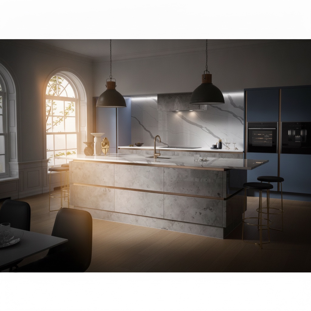 Cucina ricoperta di gres con isola, lavello integrato, piano a induzione, cappa e forno