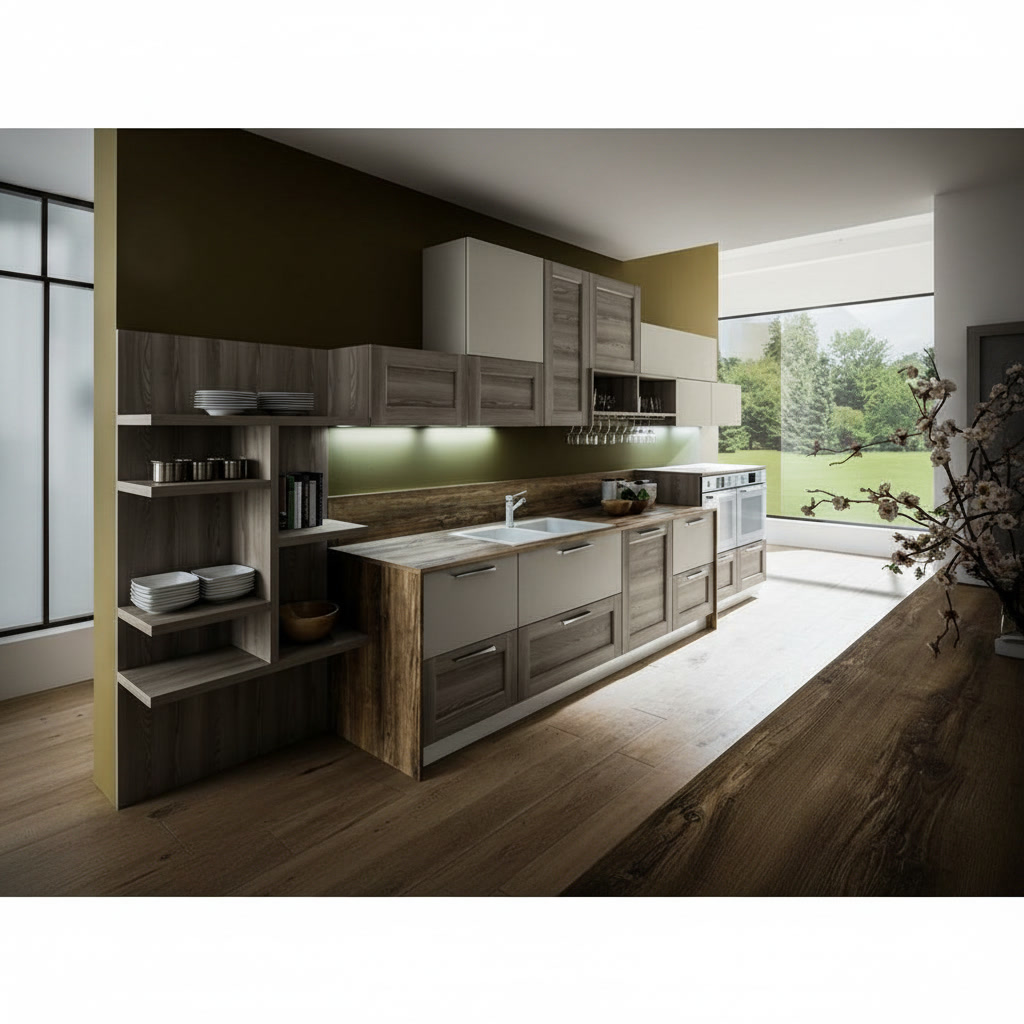 Cucina in legno massello lucido con lavello bianco, mensole, credenza e cassetti contenitori