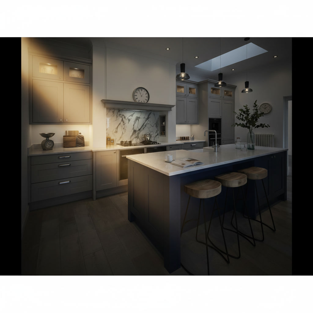 Cucina in legno laccato grigio con isola blu, top in marmo lucido e lavello integrato