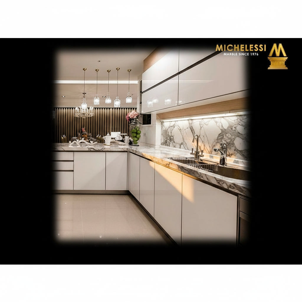Cucina elegante in legno laccato bianco lucido con luci led e parete a listelli scuri