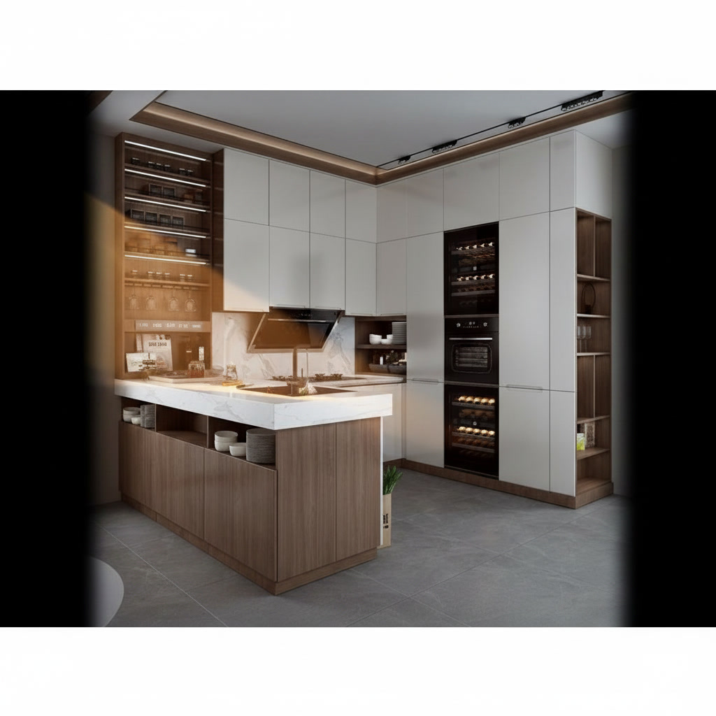 Cucina moderna in legno laccato bianco con credenza porta oggetti e colonne cantinetta