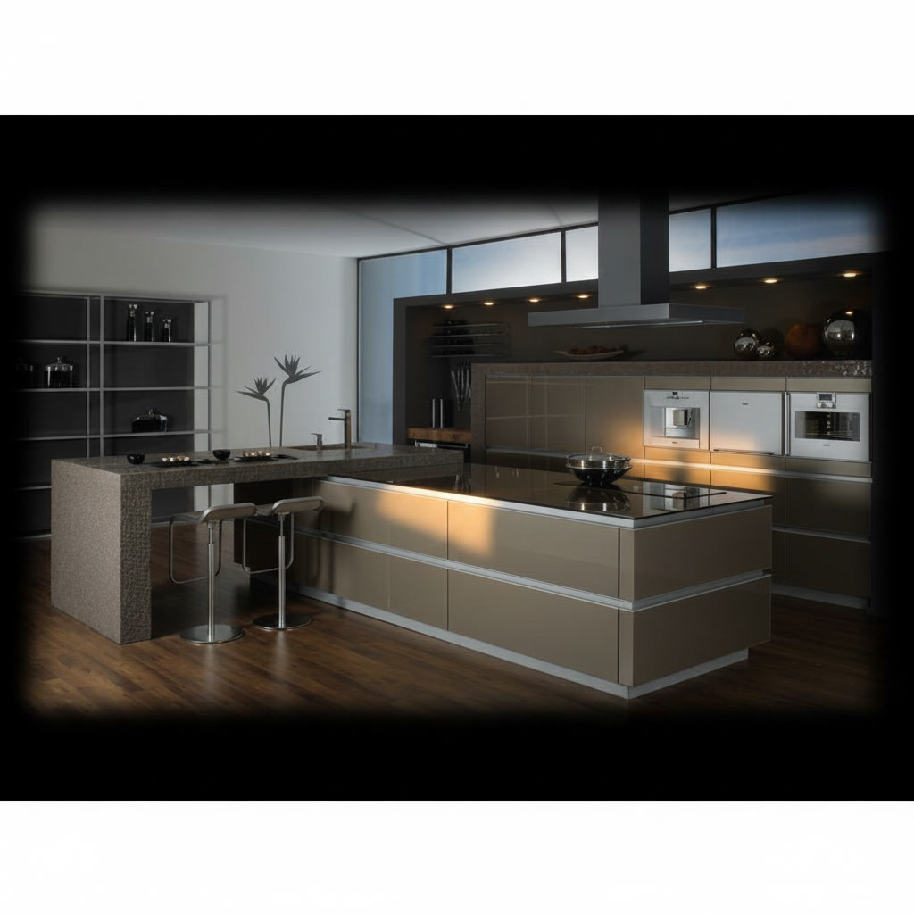Cucina in legno tortora lucido con isola centrale con piano a induzione integrato e cappa