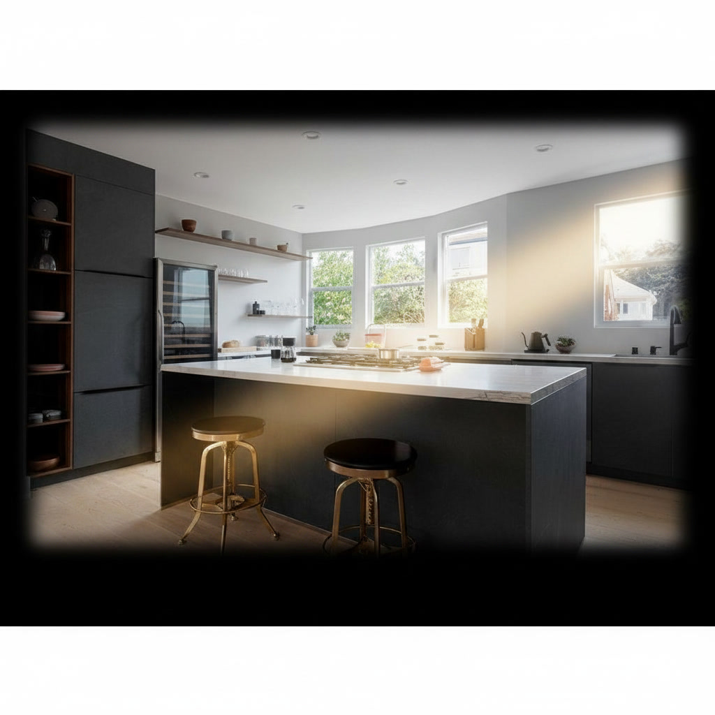 Cucina in legno grigio pietra con isola con 4 fuochi, cantinetta vini e sgabelli rossi