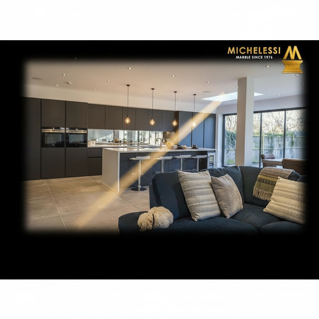 Cucina in legno grigio con isola con lavello integrato e zona living con divano e cuscini