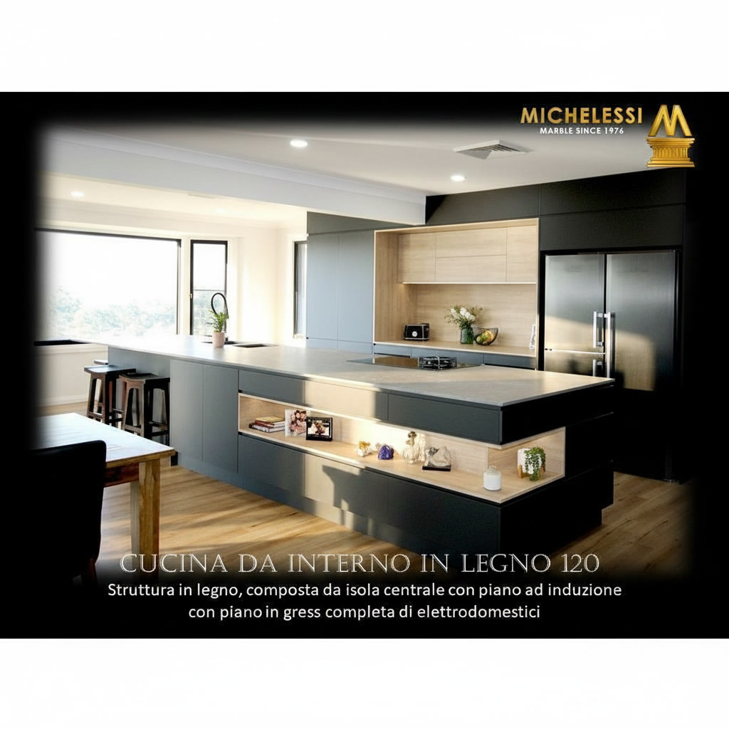 Cucina in legno con isola con piano a induzione, piano in gres e nicchia illuminata