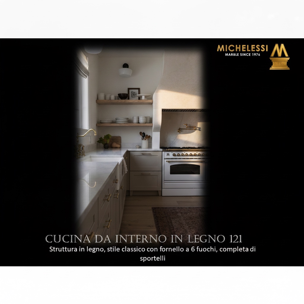 Cucina in legno stile classico con fornello a 6 fuochi bianco e pensili a giorno