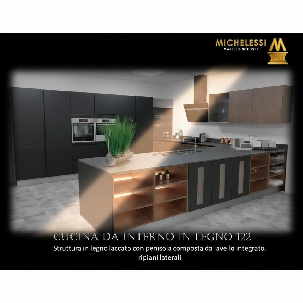 Cucina in legno laccato con penisola con lavello integrato e ripiani laterali foderati in rame