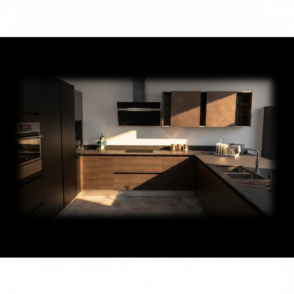 Cucina a U in legno massello rivestita in gres lucido con doppio angolo, induzione e cappa