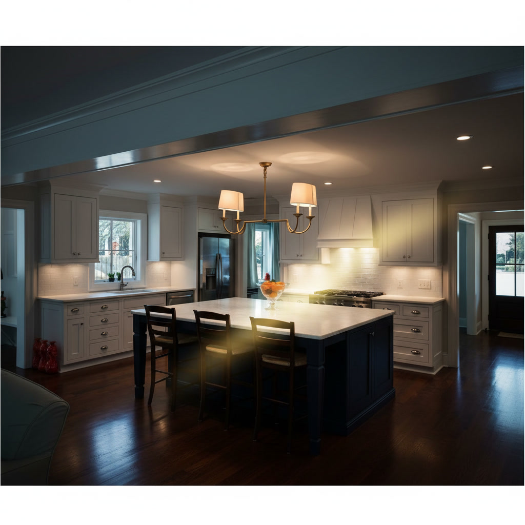 Cucina classica in legno laccato bianco con tavolo centrale blu con sportelli e sgabelli neri
