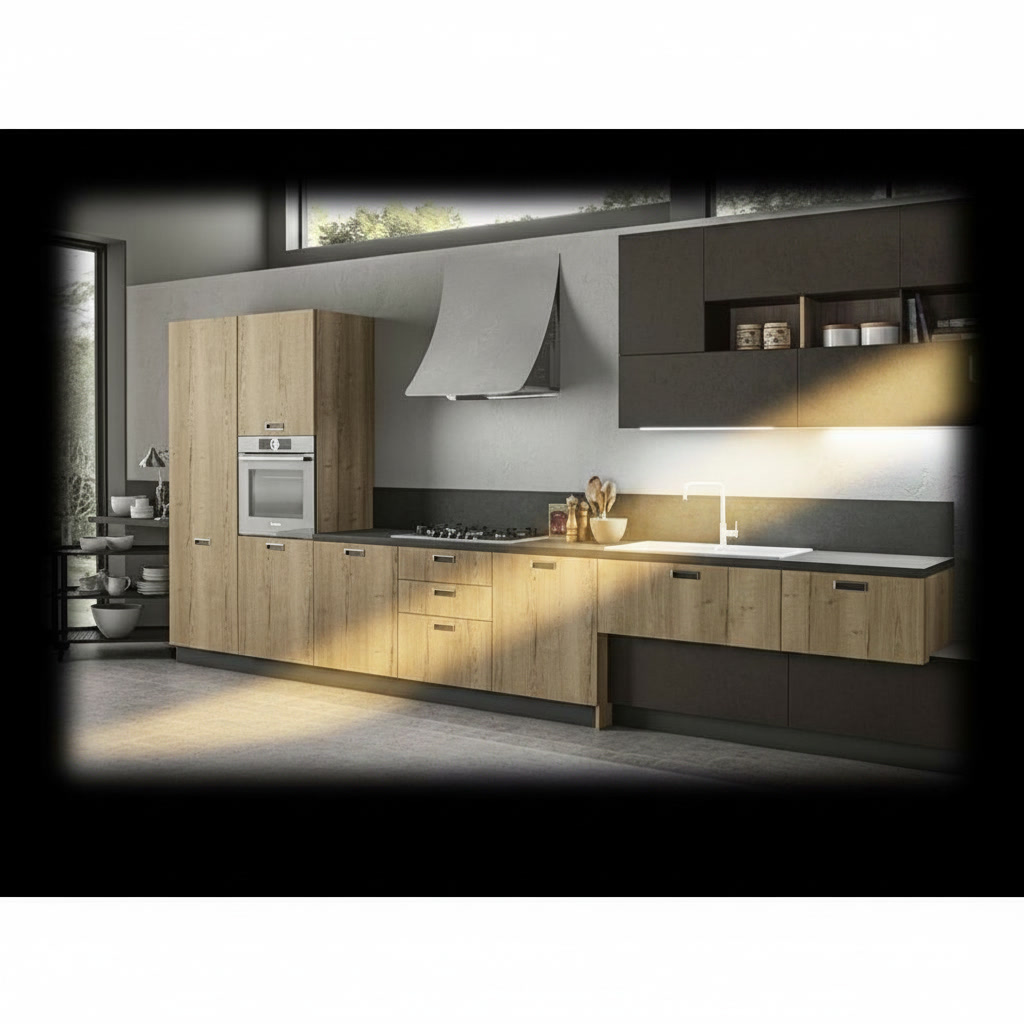 Cucina moderna in legno massello rovere con forno, piano cottura, cappa e lavello bianco