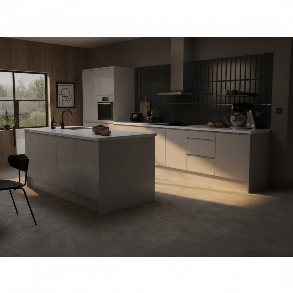 Cucina in legno laccato bianco con isola con lavello integrato, piano a induzione e cappa