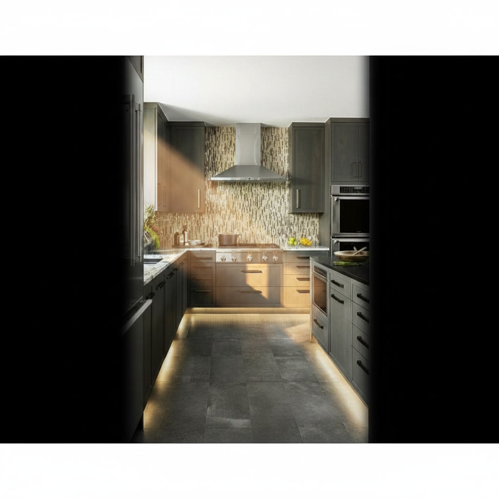 Cucina in legno grigio con piano in marmo venato, mosaico dorato e cappa in acciaio