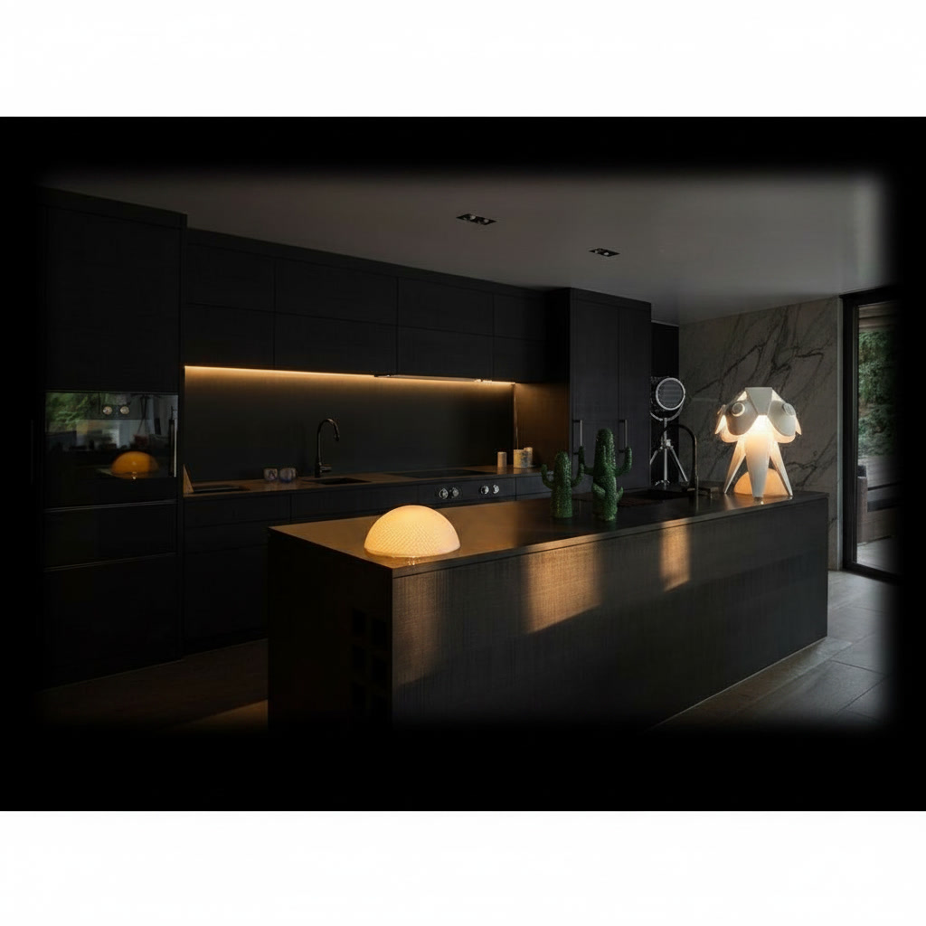 Cucina in legno rivestita in gres porcellanato nero con doppio lavello integrato e induzione