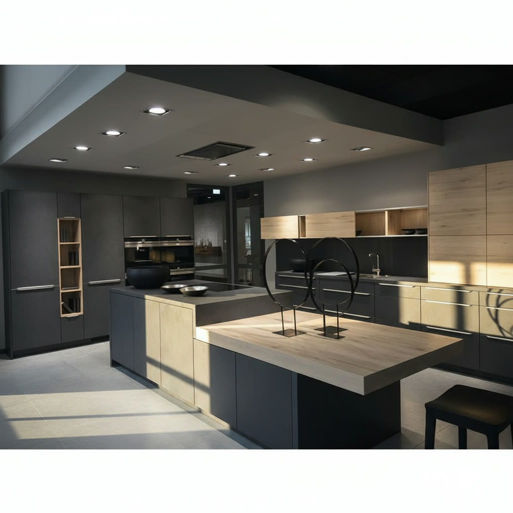 Cucina in legno grigio con isola centrale con piano a induzione, forno doppio e credenza
