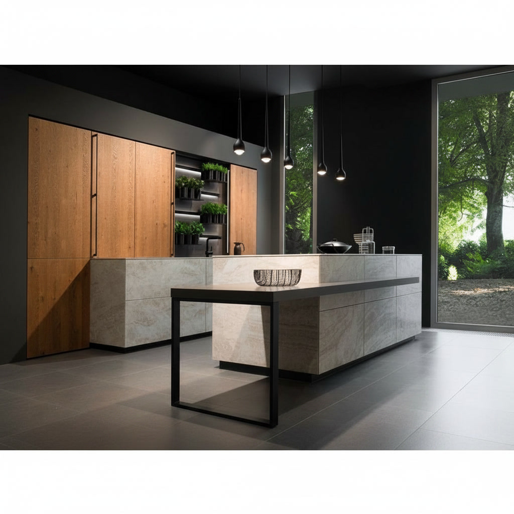 Cucina rivestita in gres porcellanato effetto pietra con isola e tavolino laterale integrato