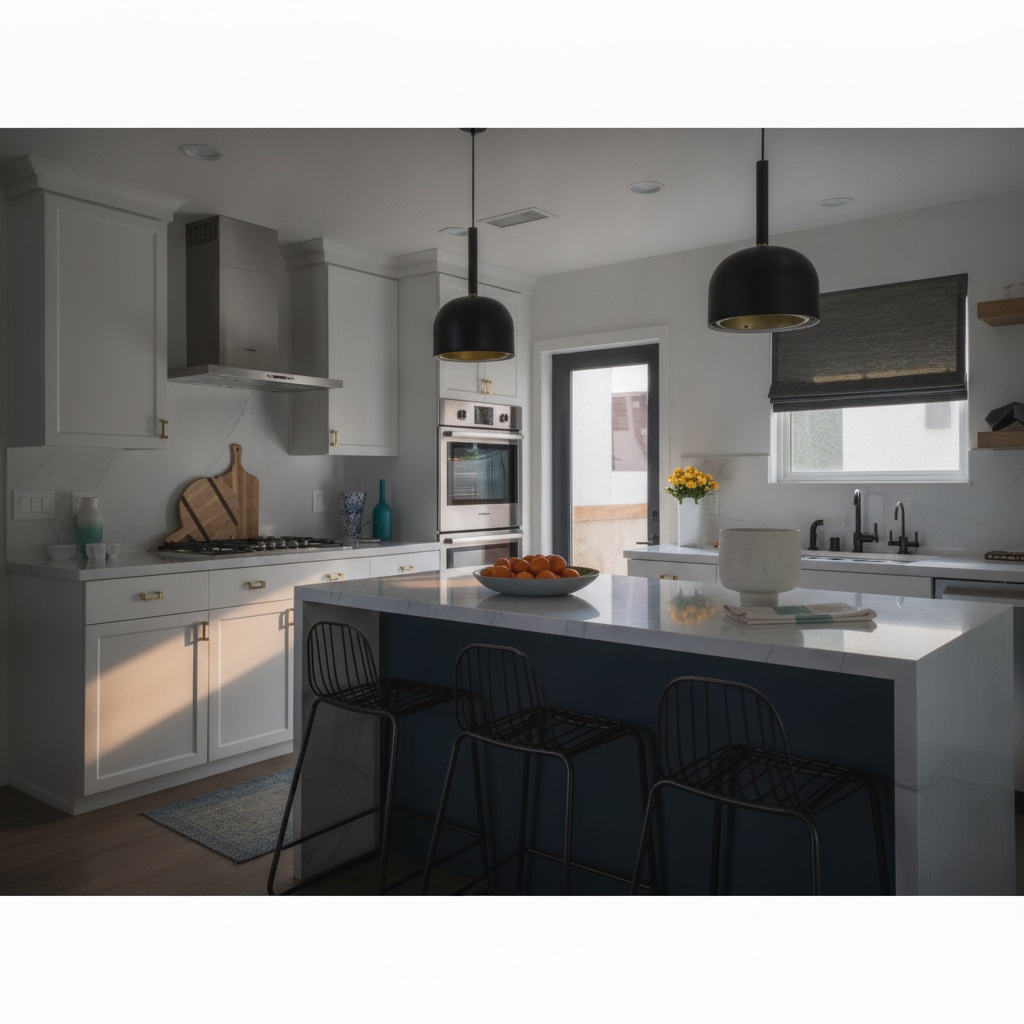 Cucina in legno laccato bianco con isola blu con piano in marmo bianco lucido e sgabelli neri