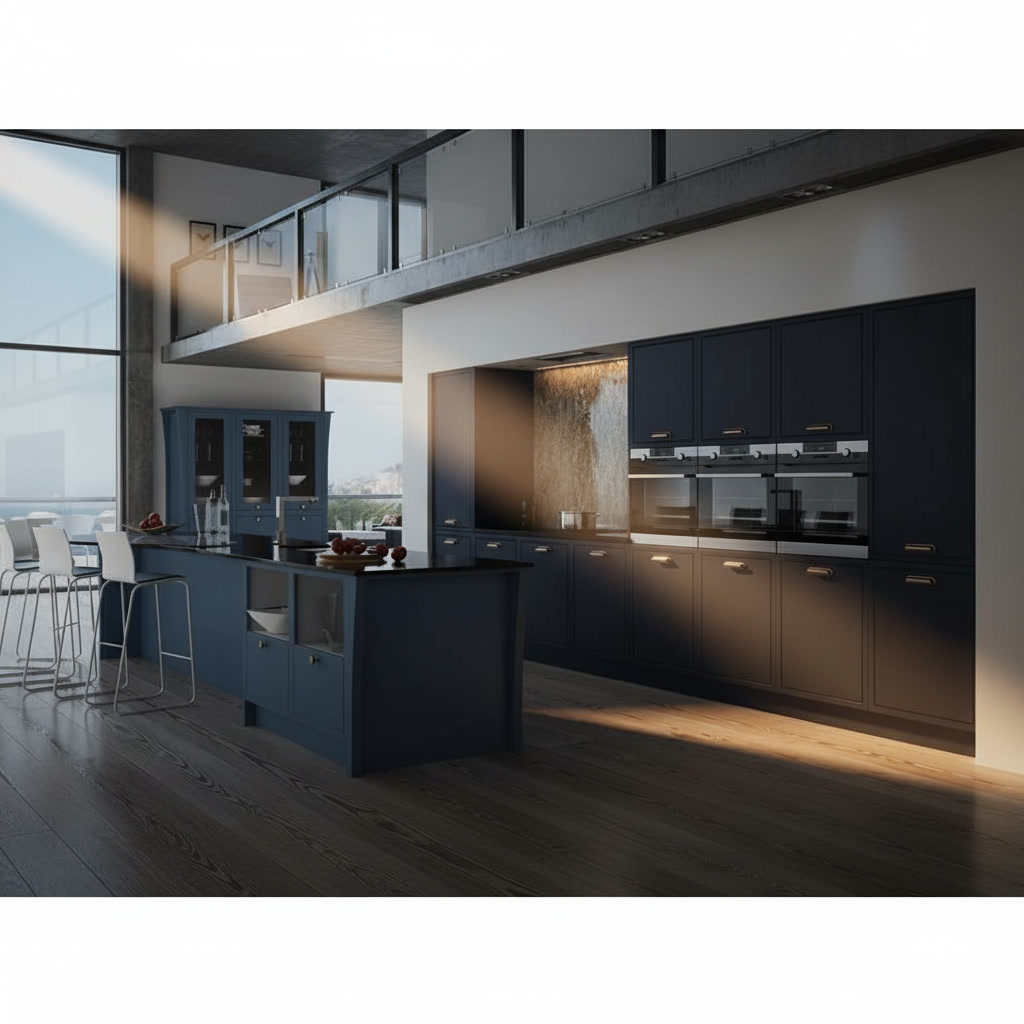 Cucina lineare in legno blu con isola centrale con lavello, stile classico elegante