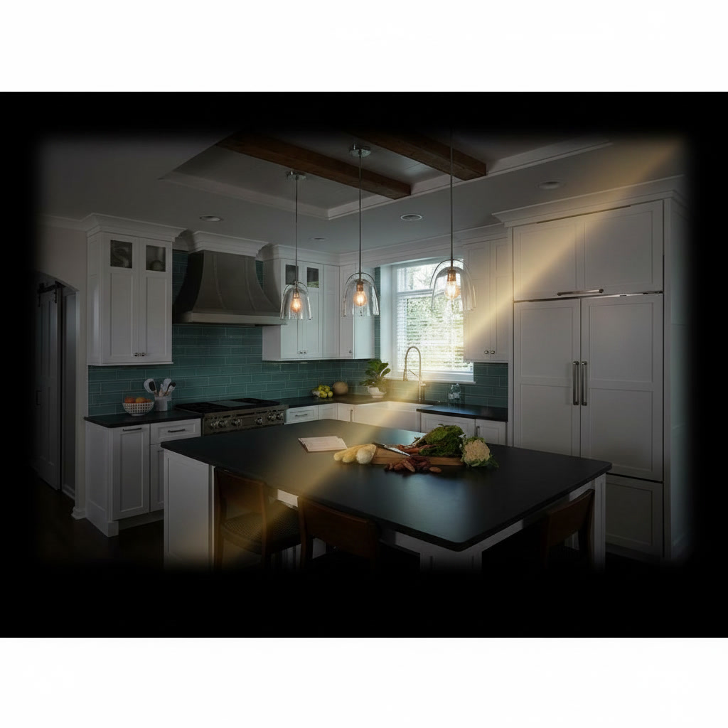 Cucina in legno bianco con top scuro in laminam, travi a vista e parete verde acqua