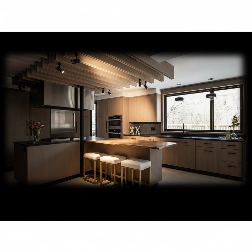 Cucina in legno con struttura a L centrale con fuochi, lavello integrato, forno e frigo ad incasso