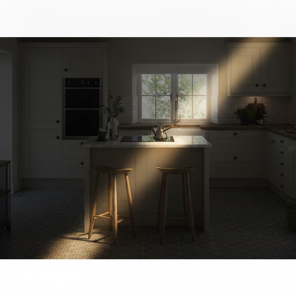 Cucina in legno crema con isola centrale con piano a induzione e pavimento in piastrelle decorate