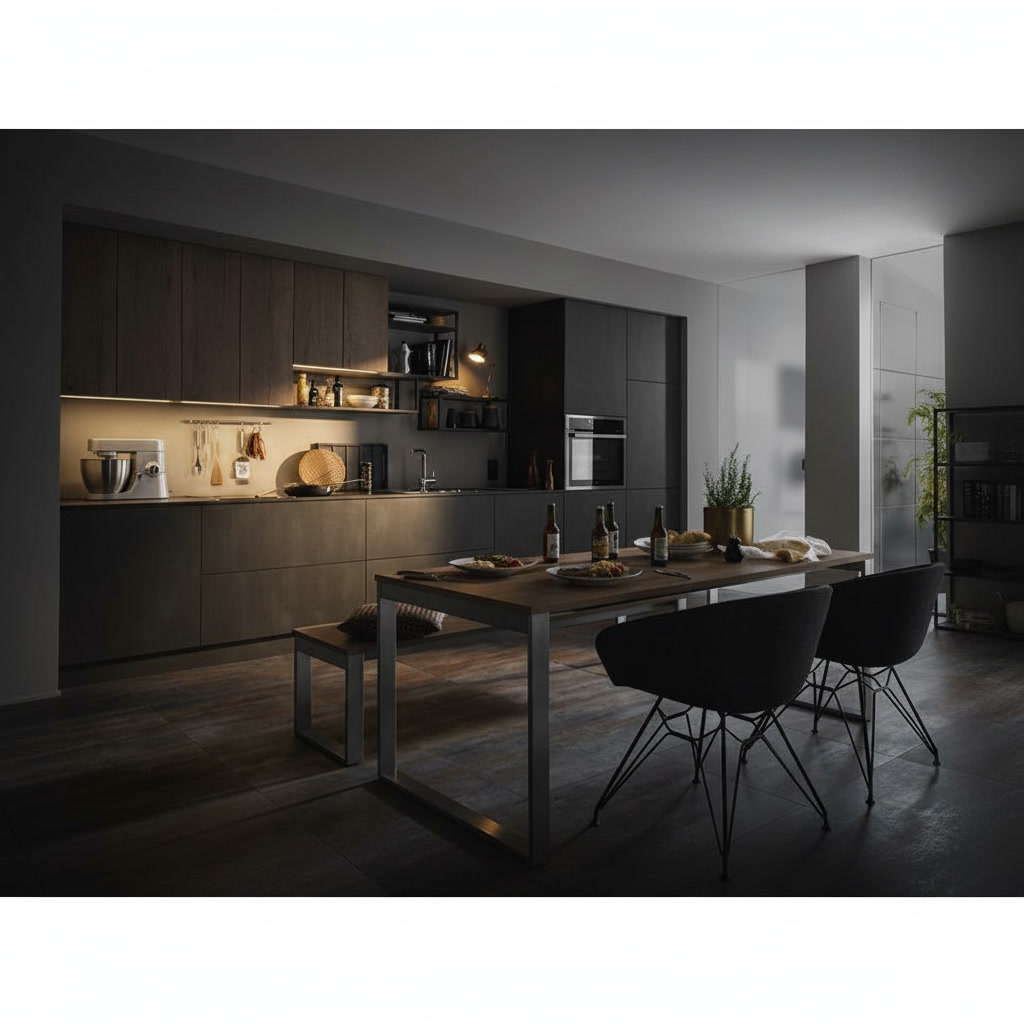 Cucina rivestita in laminam scuro con tavolo in rovere annesso e sedie nere