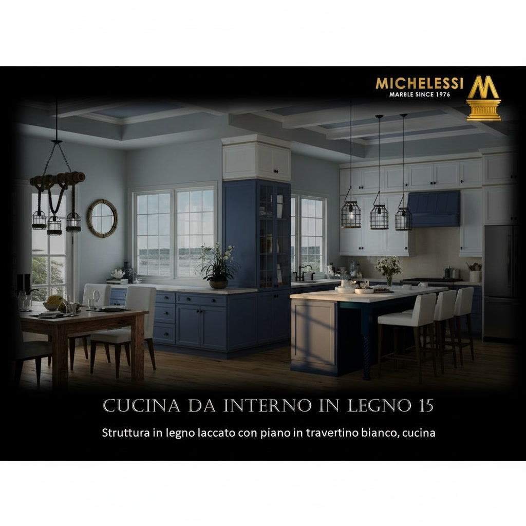 Cucina angolare in legno laccato azzurro con isola blu e piano in travertino bianco