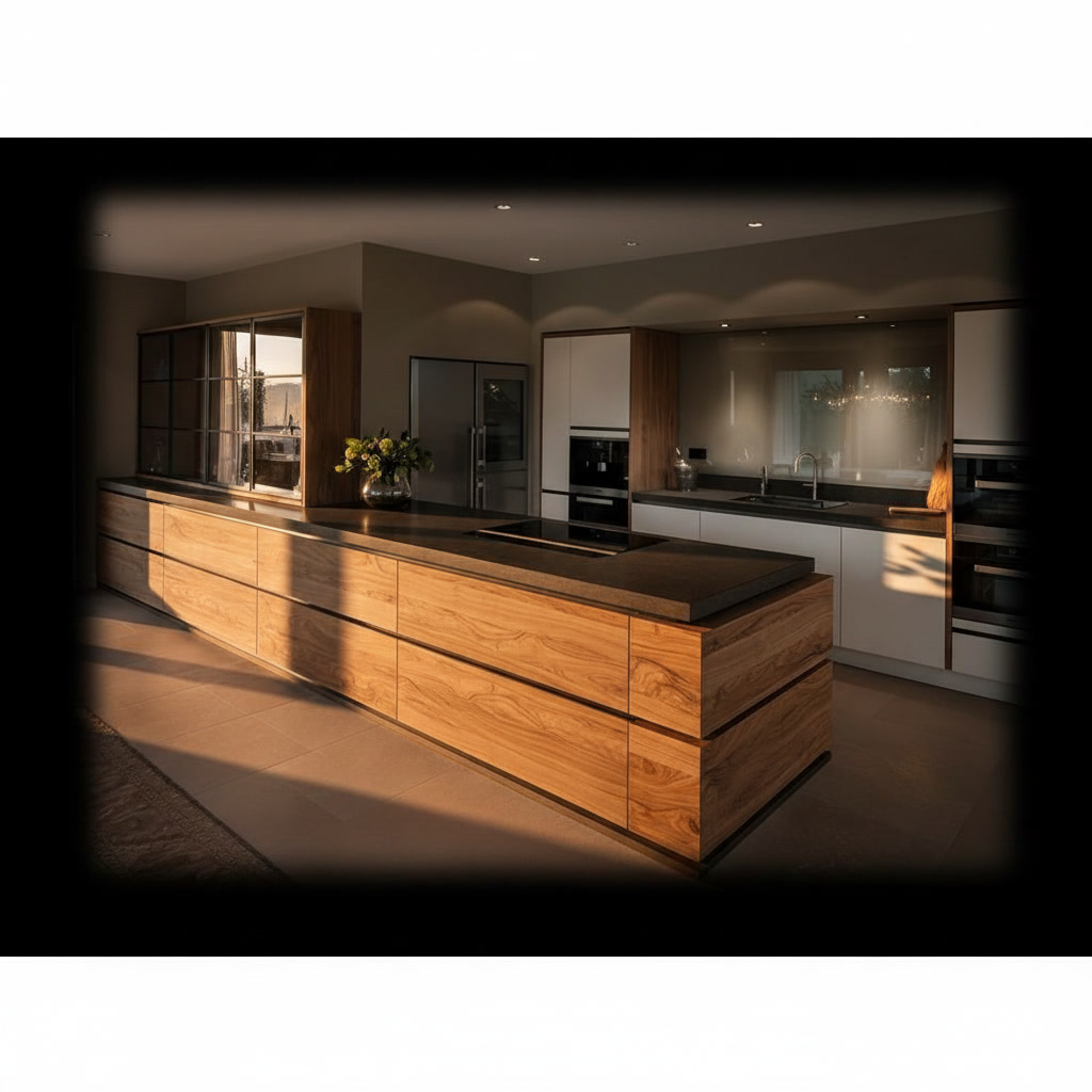 Cucina in legno massello con lunga isola con piano in laminam scuro e colonne bianche