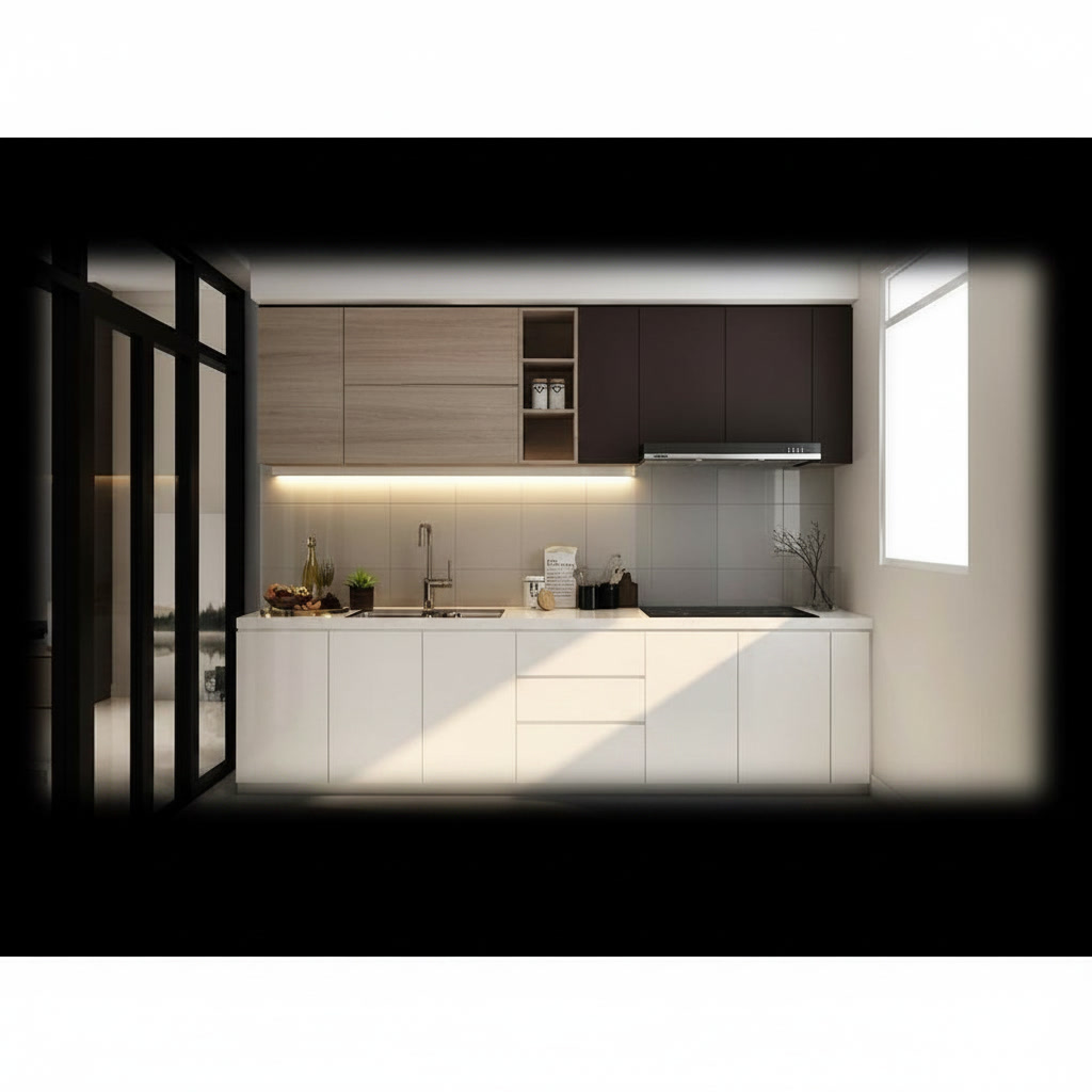 Cucina compatta in legno rivestita in gres porcellanato con led e pensili in due toni