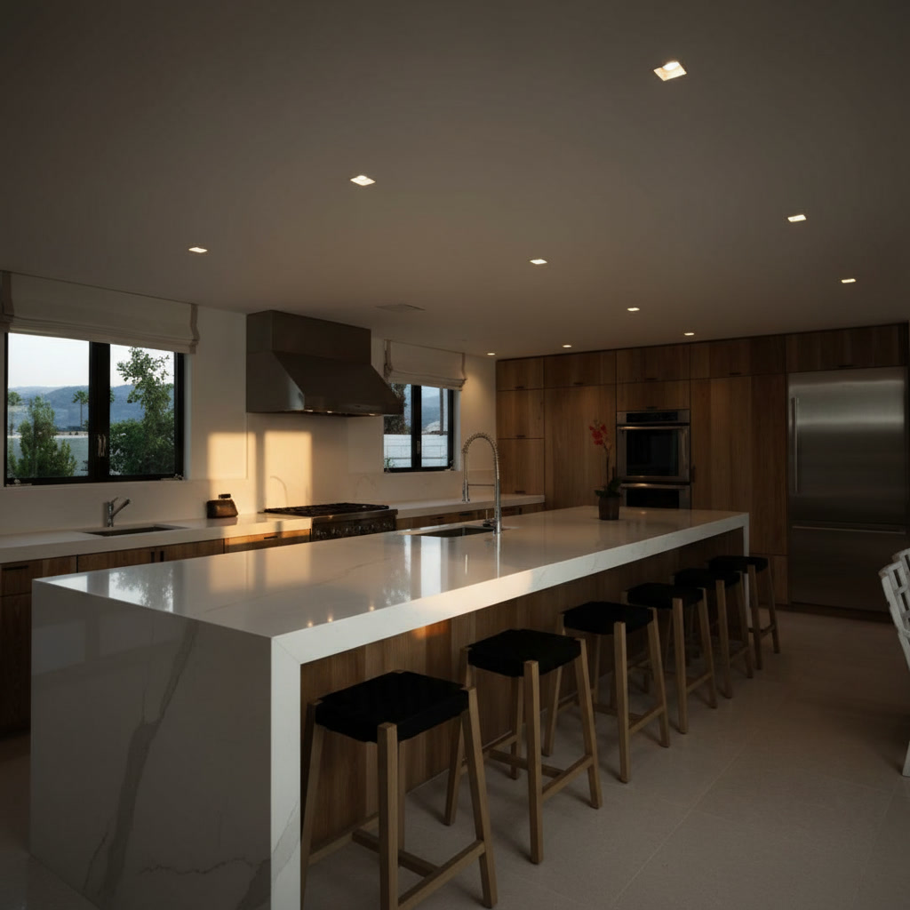Cucina in legno con tavolo centrale bianco con lavello integrato e file di sgabelli neri