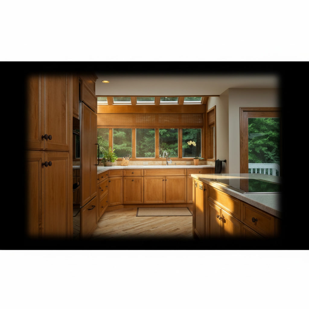 Cucina in legno massello color miele con isola con piano a induzione e finestre sul bosco