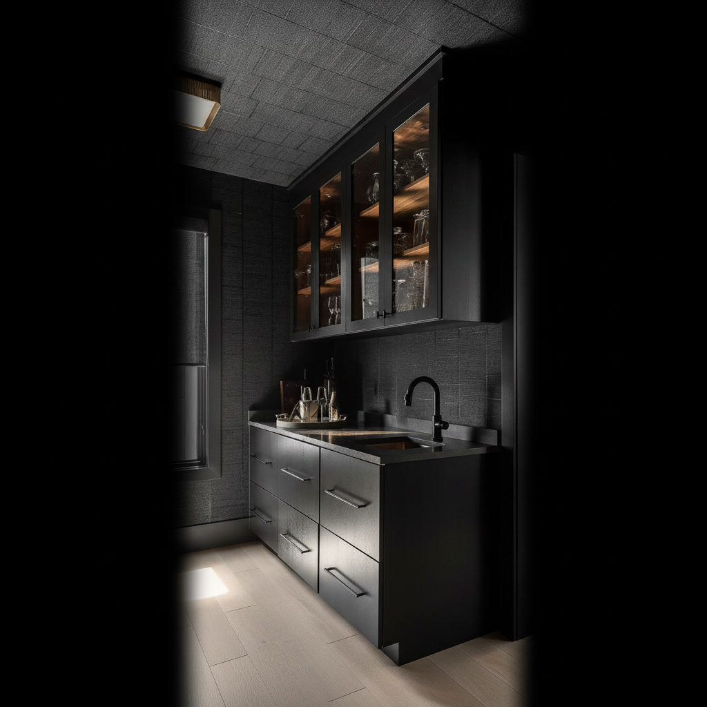 Cucina in legno laccato nero con lavello integrato e pensili a vetrina illuminati
