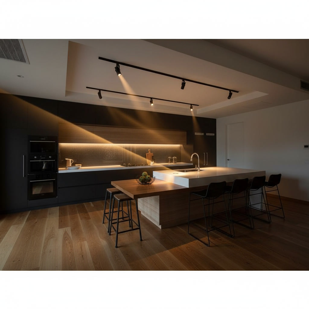 Cucina rivestita in gres porcellanato con isola bianca, bancone in rovere e sgabelli neri