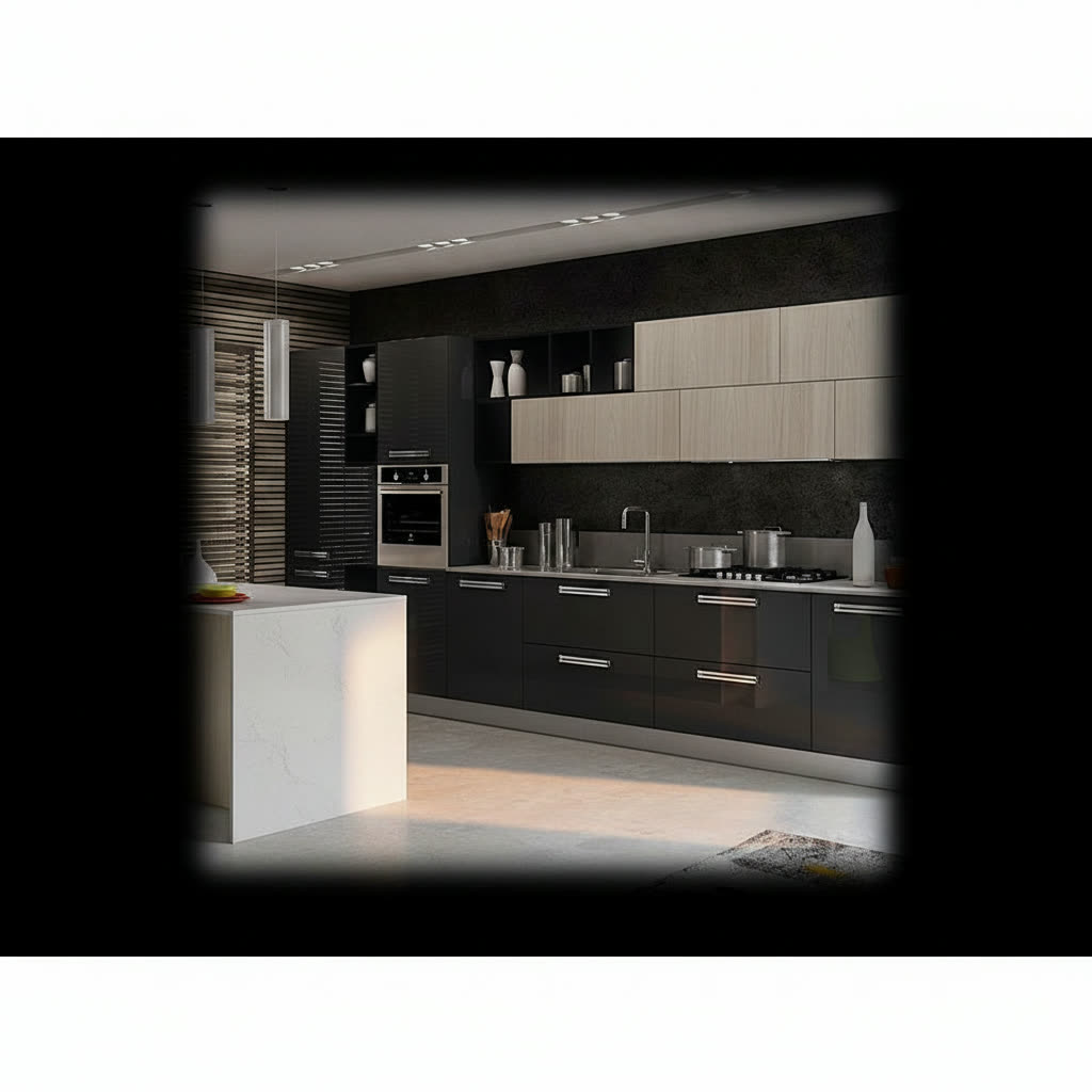 Cucina rivestita in gres porcellanato grigio e legno chiaro con tavolo centrale bianco