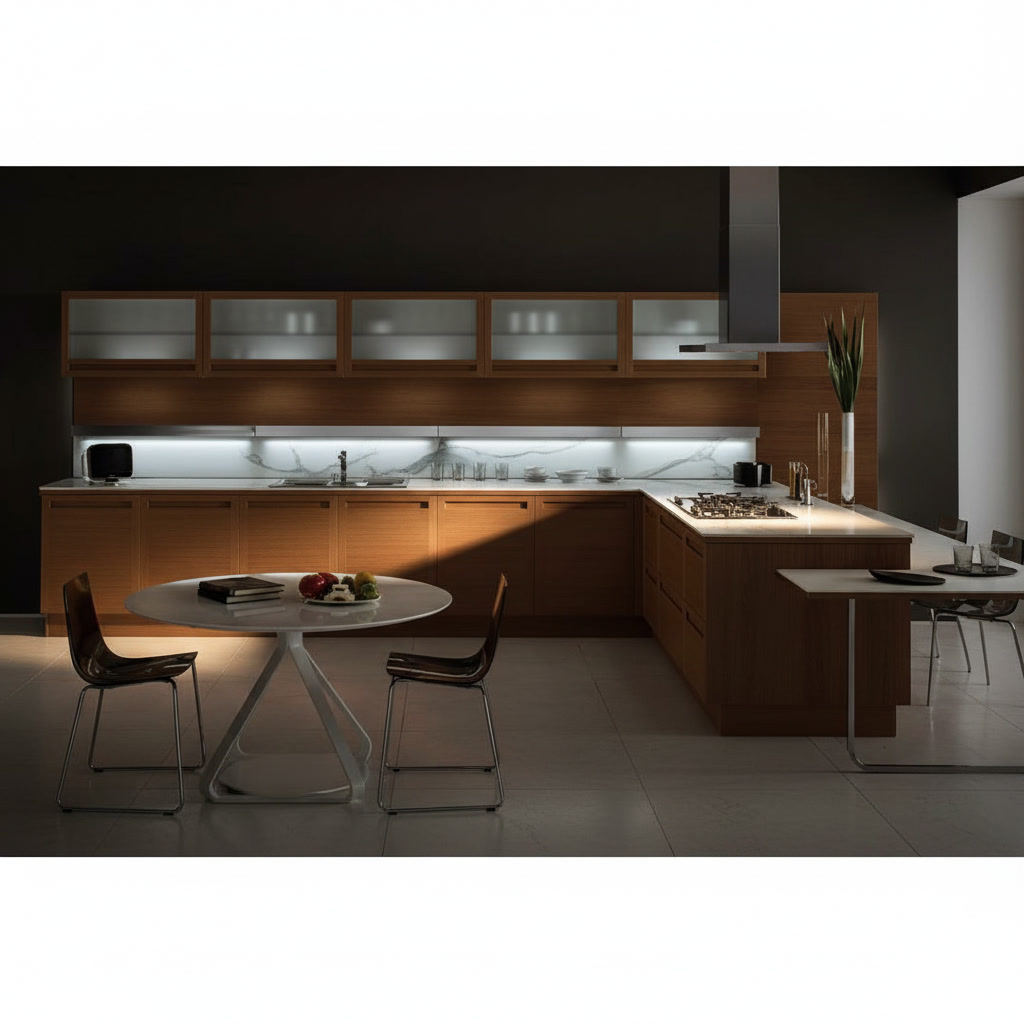 Cucina a L in legno massello ciliegio con top in marmo bianco lucido e tavolo rotondo
