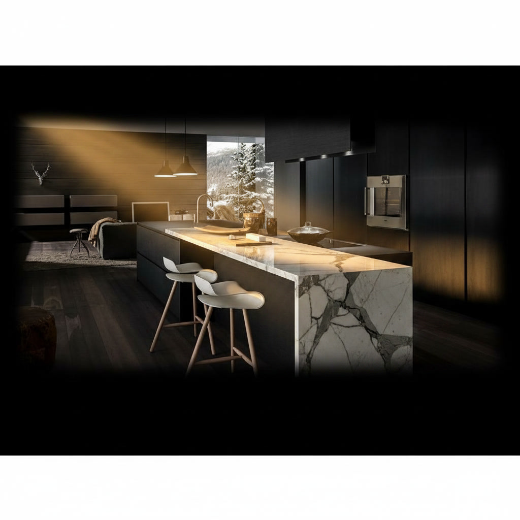 Cucina nera con top in legno massello e laminam, lavello integrato e piastra a induzione