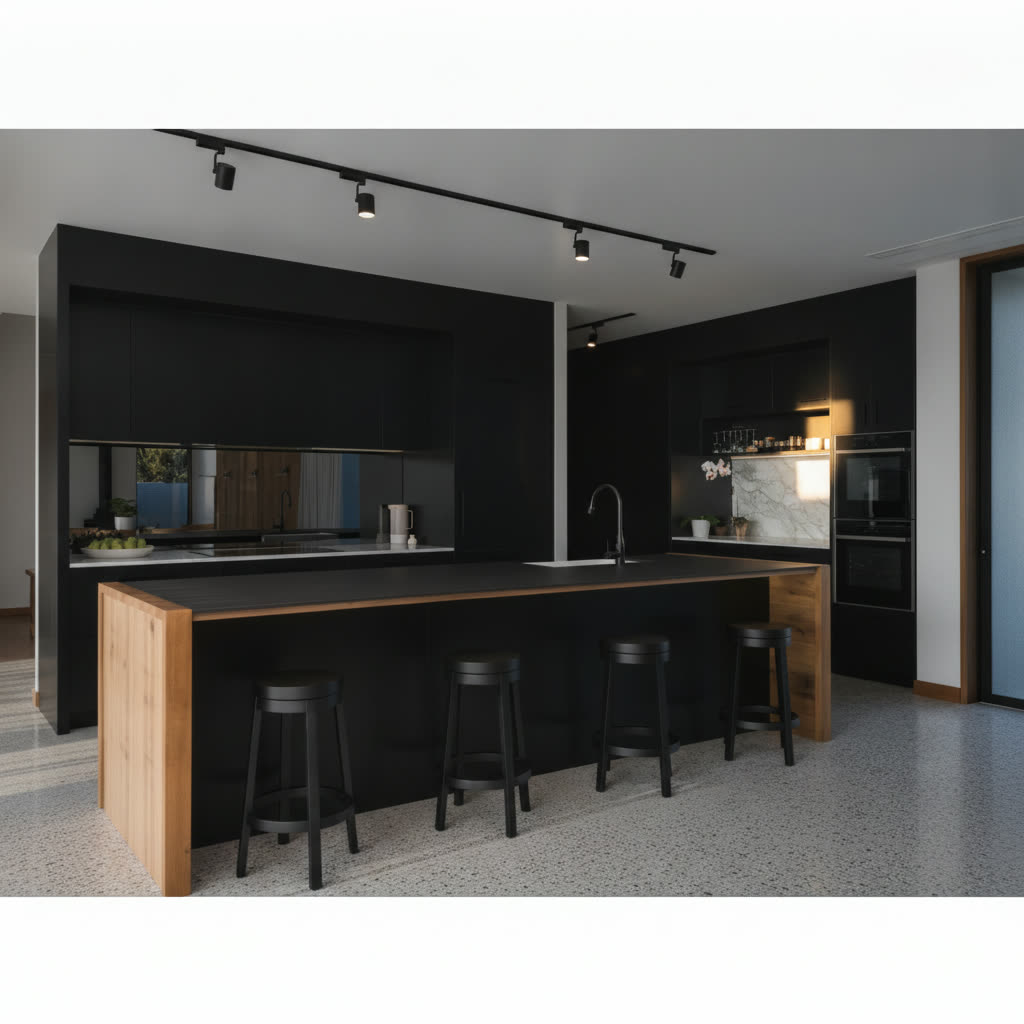 Cucina in legno con top in gres porcellanato nero, spalletta a specchio e isola con fianchi in legno