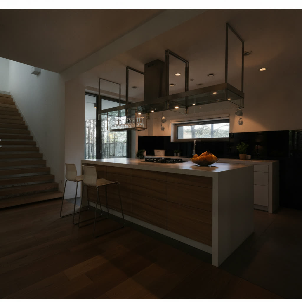 Cucina in legno laccato bianco con isola in rovere e mensola in vetro sospesa dal soffitto