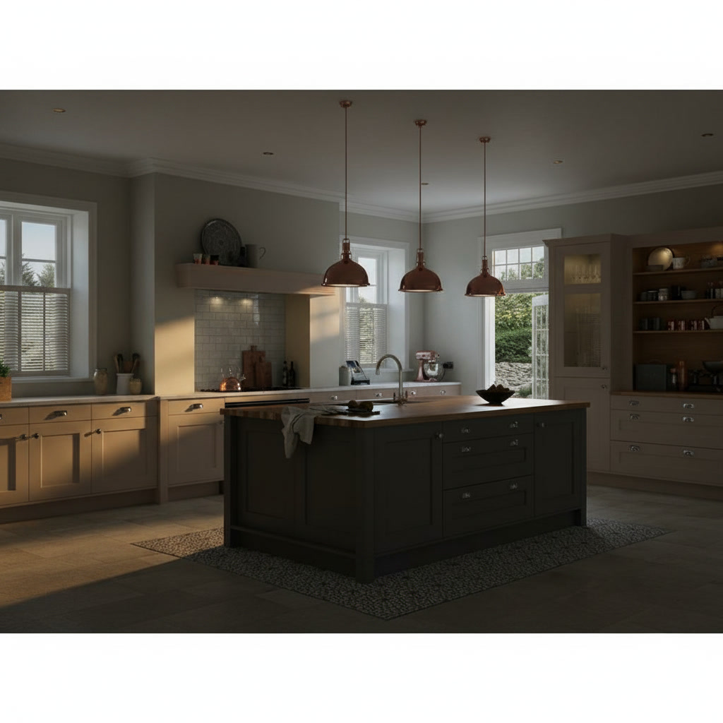 Cucina classica con isola verde salvia con top in legno massello e lampade in rame