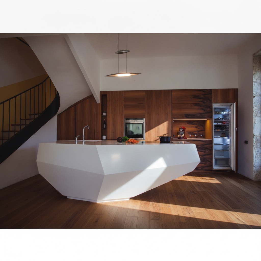 Cucina in legno massello con isola centrale sfaccettata bianca con lavello integrato