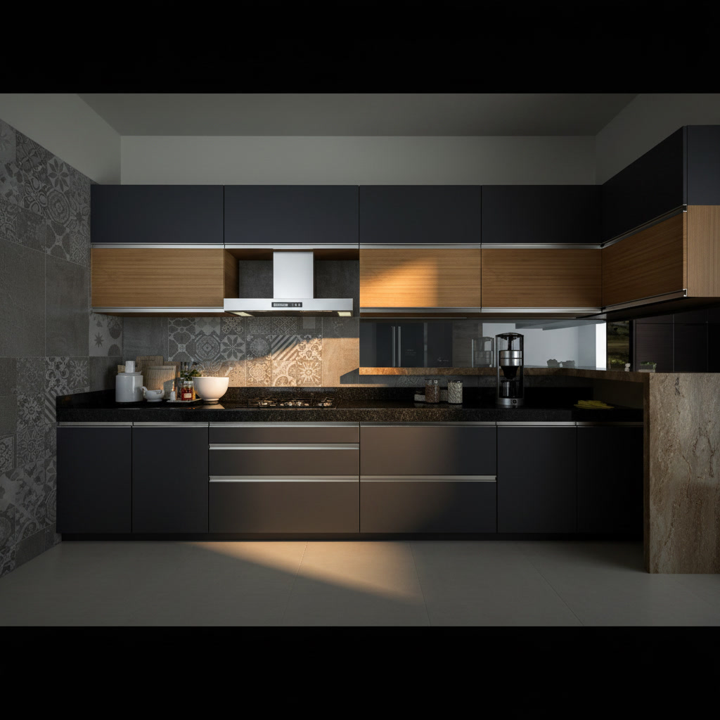 Cucina in gres porcellanato blu notte e legno con top nero lucido e mosaico decorato