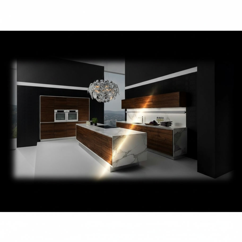 Cucina lineare moderna e minimal in legno noce con isola bianca e piano in gres porcellanato