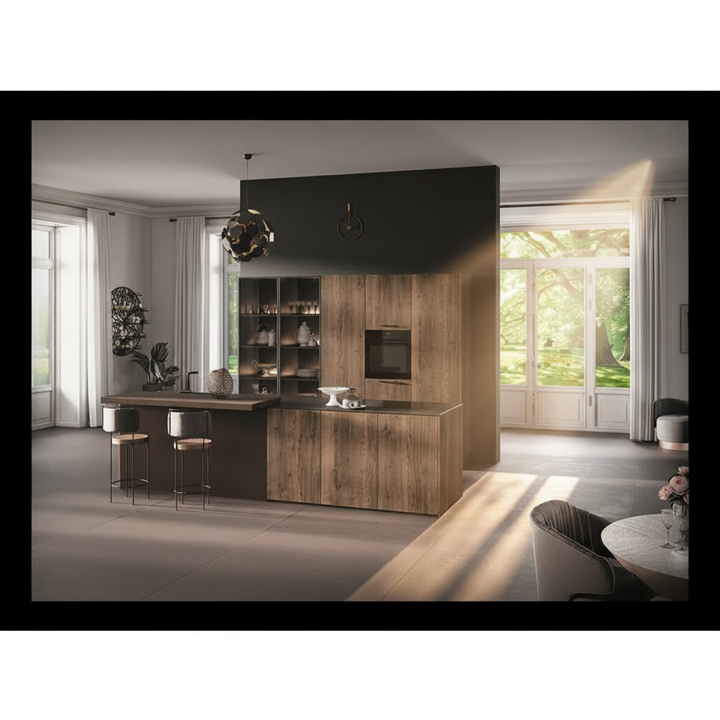 Cucina in legno con top in gres porcellanato, lavello integrato e finestre sul verde
