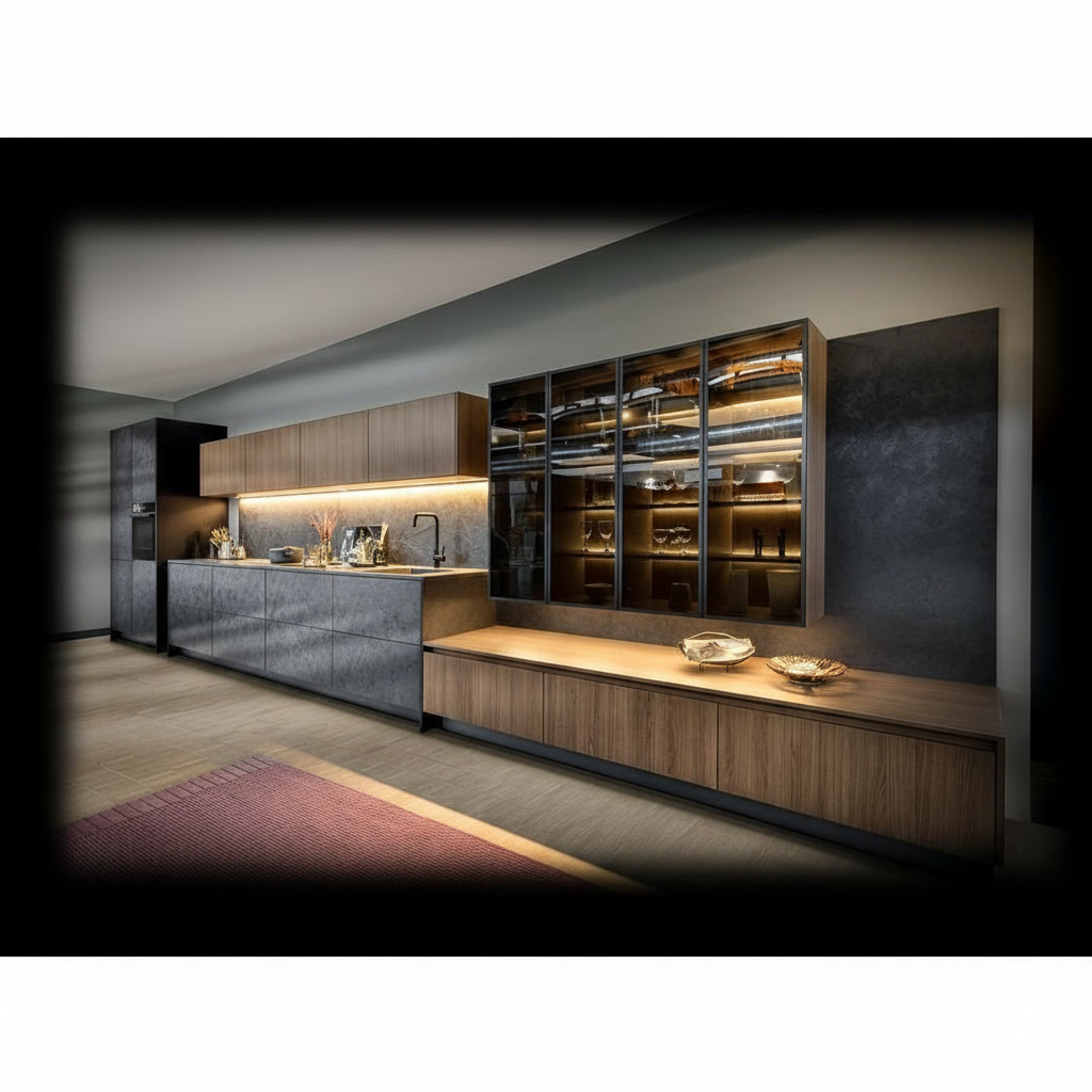 Cucina in legno e gres porcellanato con vetrine retroilluminate e lavello integrato