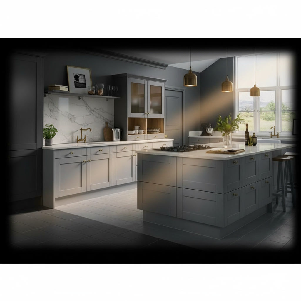 Cucina stile classico grigio perla con isola, lavello integrato, fuochi, forno e frigo incassato