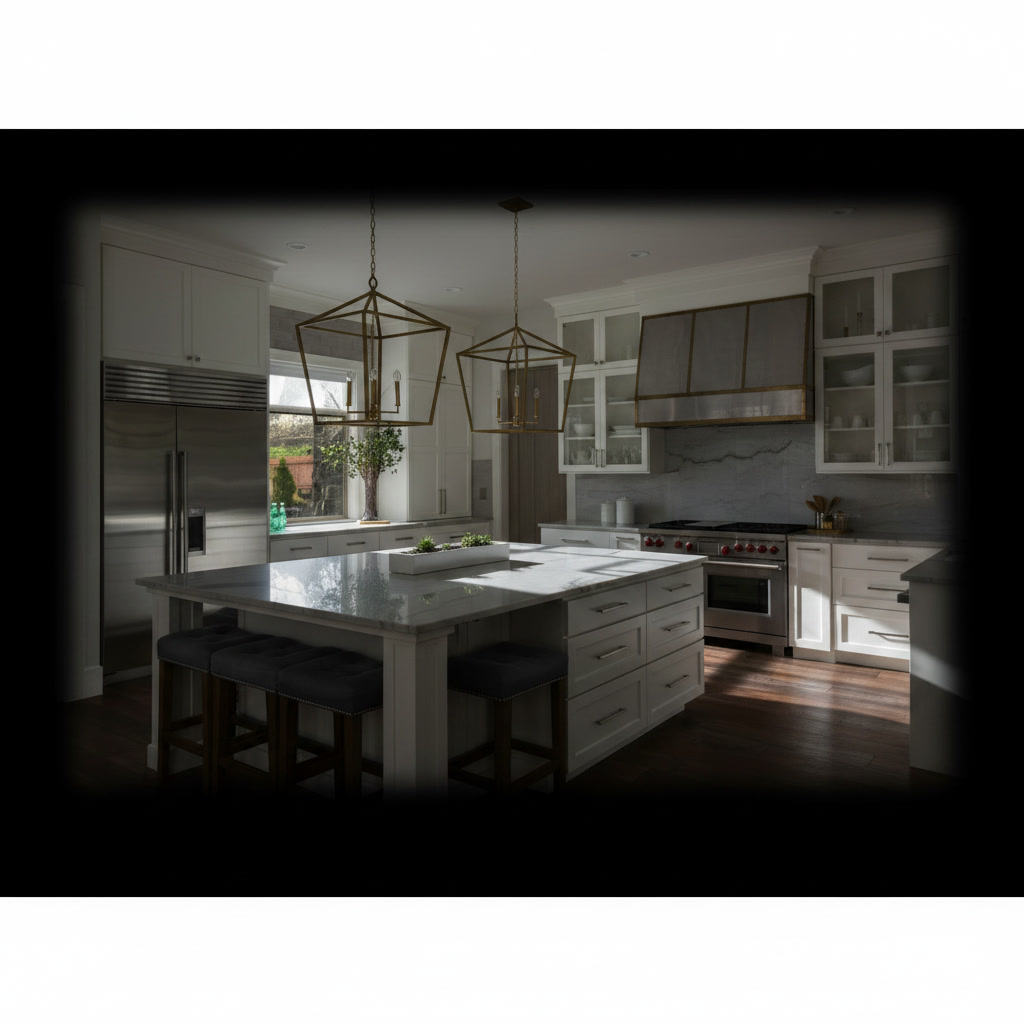Cucina stile classico bianca con top in marmo venato, lanterne in ottone e sgabelli in velluto