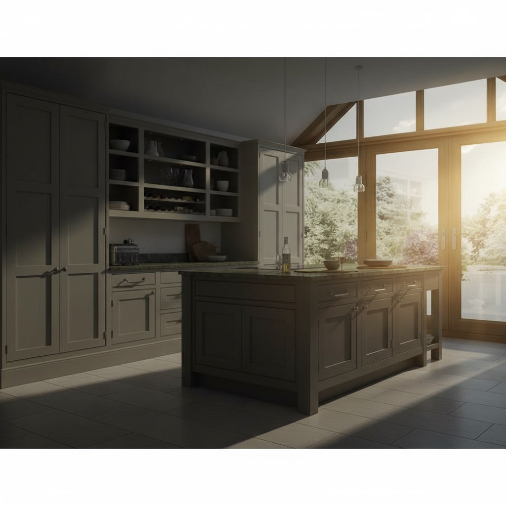 Cucina classica con piano in marmo venato, isola tortora e finestra in legno naturale