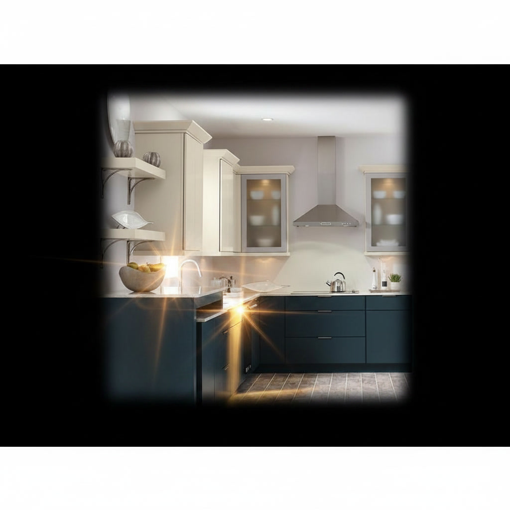 Cucina in legno blu petrolio e crema con credenze, sportelli, mensole ad angolo e cappa