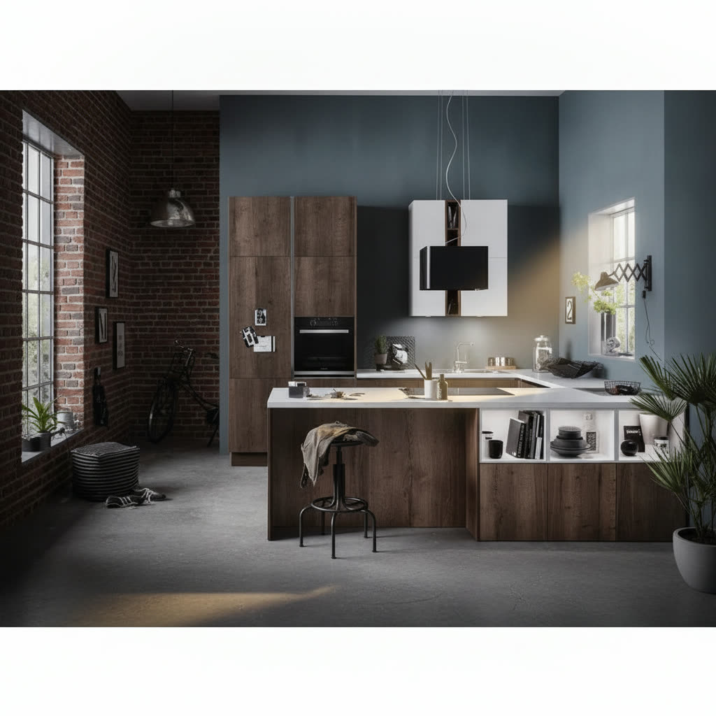 Cucina in legno scuro rivestita in gres porcellanato con penisola, lavello integrato e mattoni