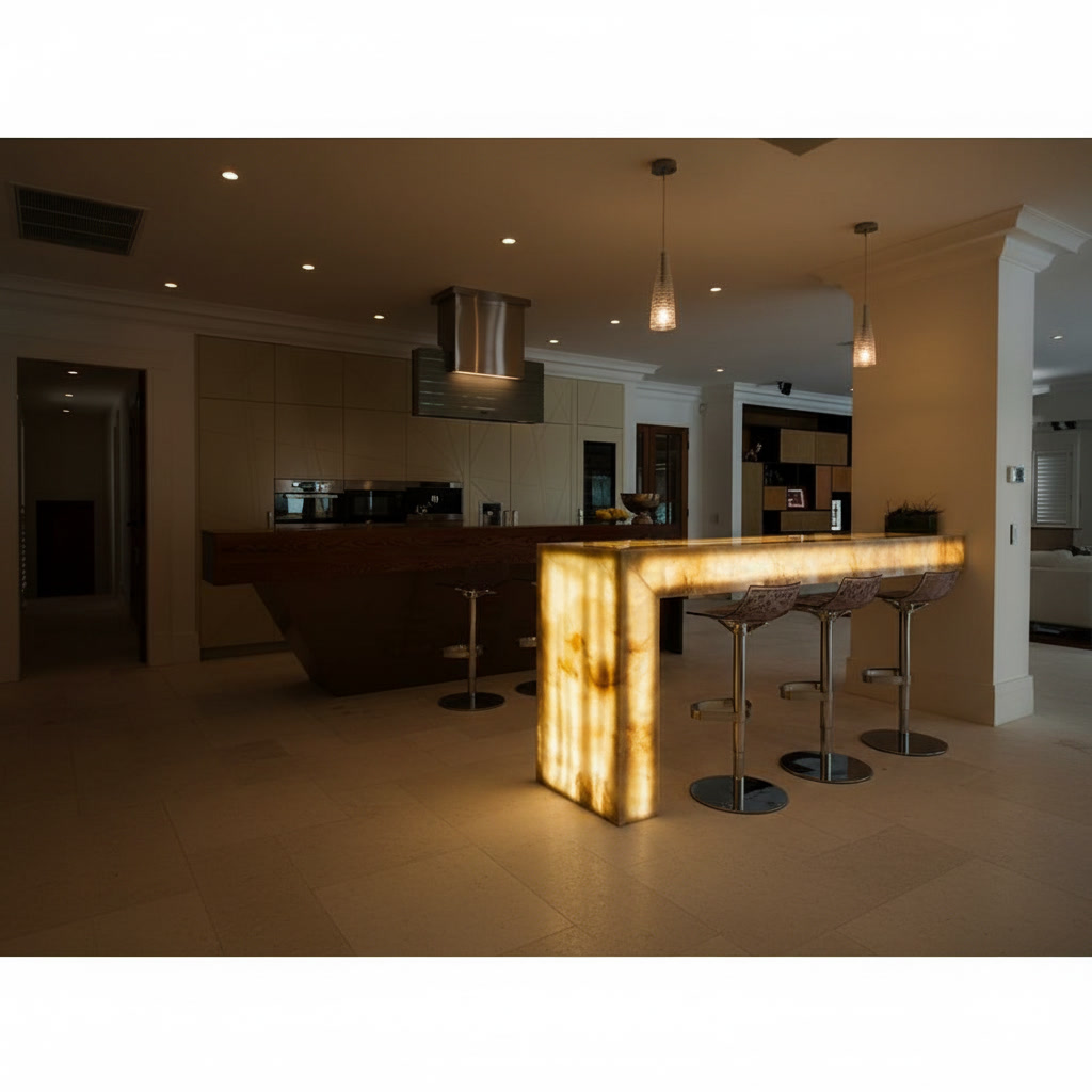 Cucina in legno massello con tavolo a L in marmo retroilluminato e sgabelli girevoli
