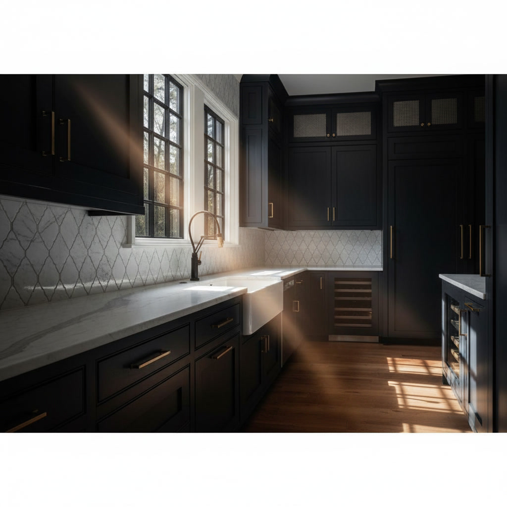 Cucina in legno laccato nero con top in marmo, lavello bianco e rubinetto flessibile nero